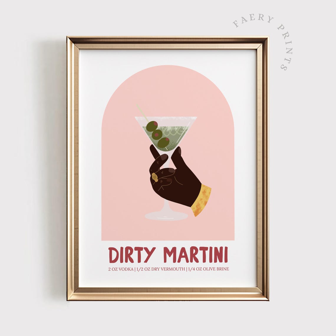 Dirty Martini Cocktail Recipe Poster with Pink Arch and Olive Art