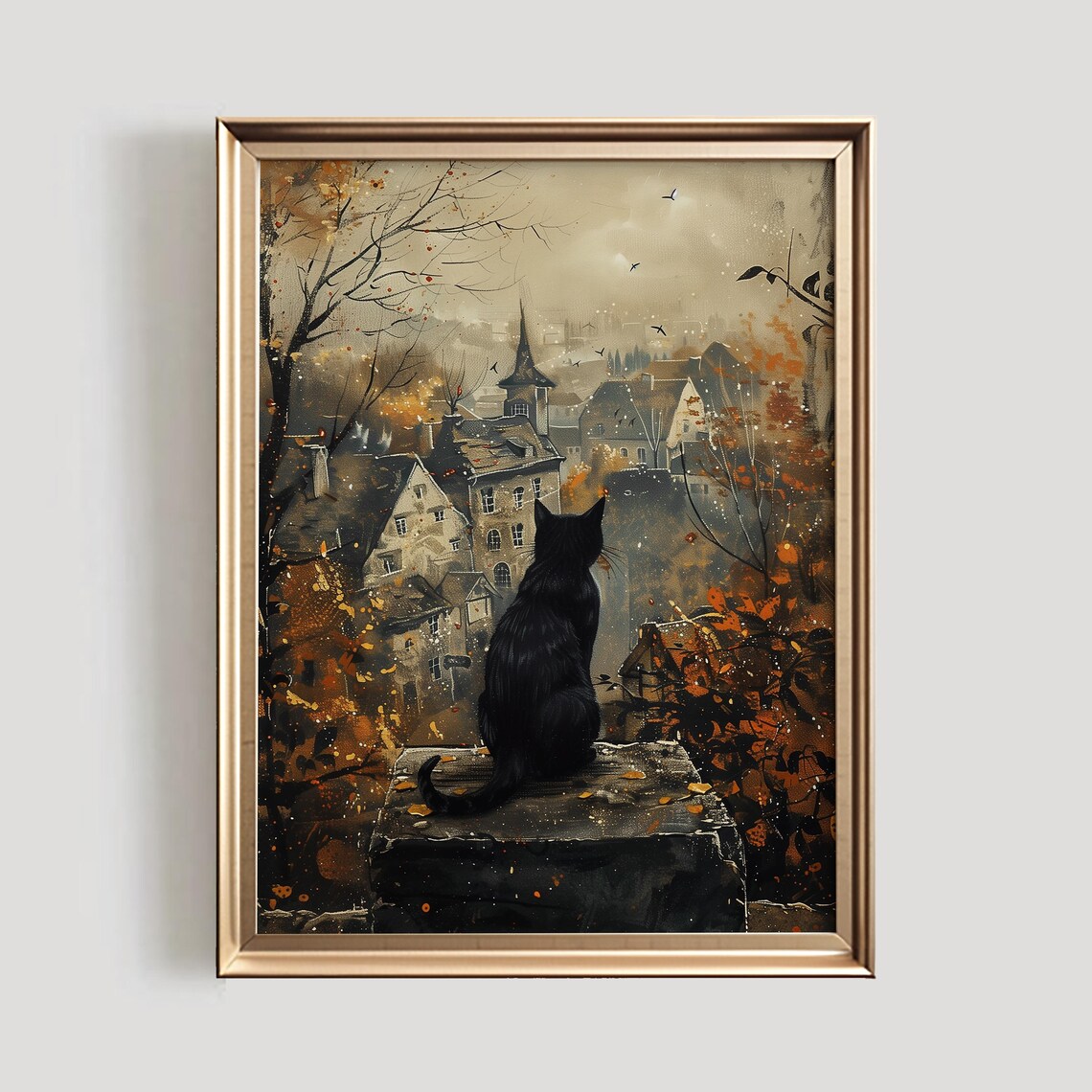 Halloween Black Cat Art Print, Cute Spooky Fall Decor