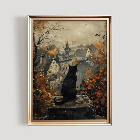 Halloween Black Cat Art Print, Cute Spooky Fall Decor