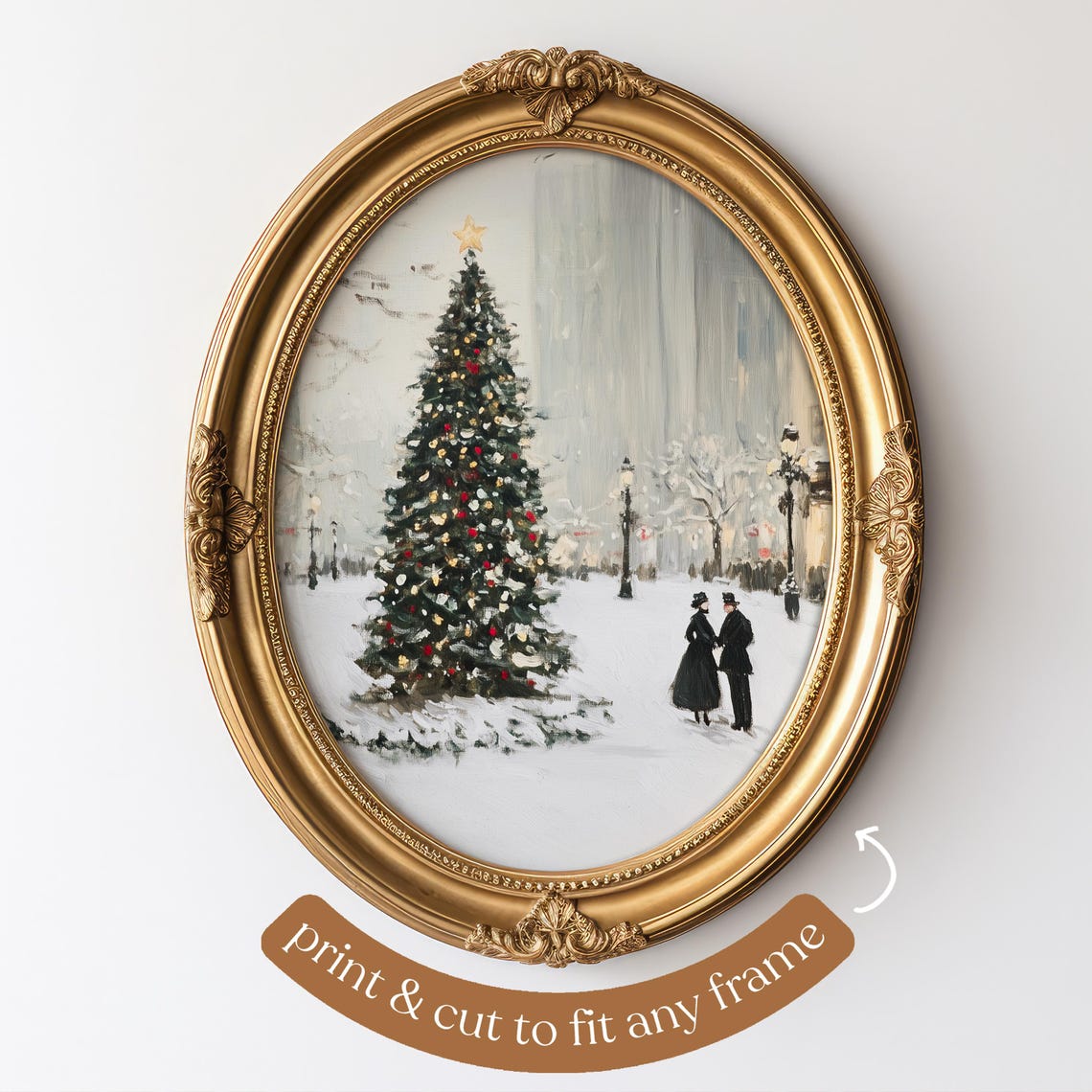 Snowy City Christmas Tree Plaza Vintage Winter Scene Art Poster - Image 5