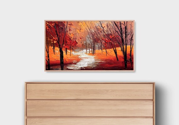 Abstract Red Autumn Forest Path Palette Knife Style Painting Poster