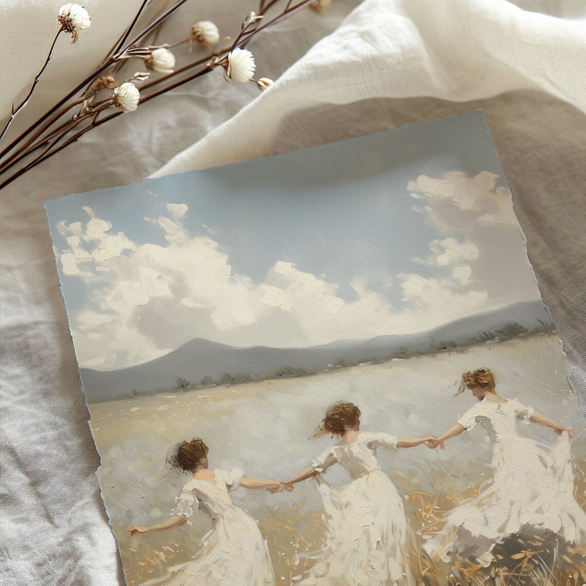 Vintage Meadow Landscape Art Print, Victorian Girls - Image 5