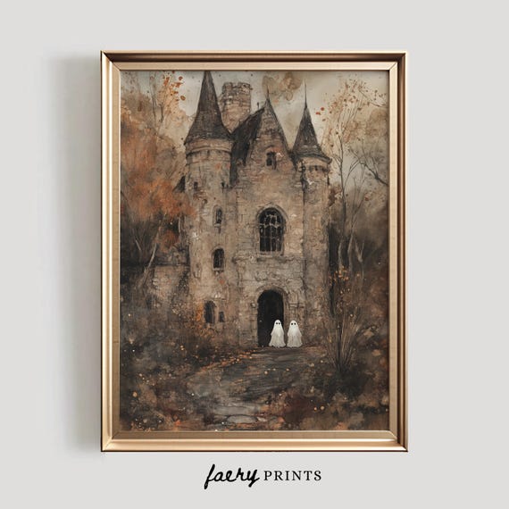 Spooky Halloween Vintage Painting With Little Ghosts