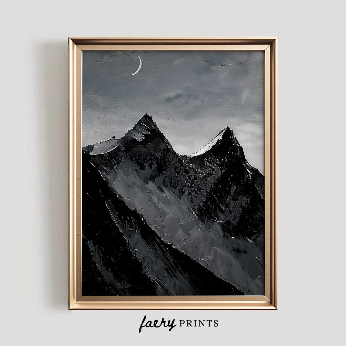 Black and White Mountain Peaks Under Crescent Moon Night Art Poster - Image 5