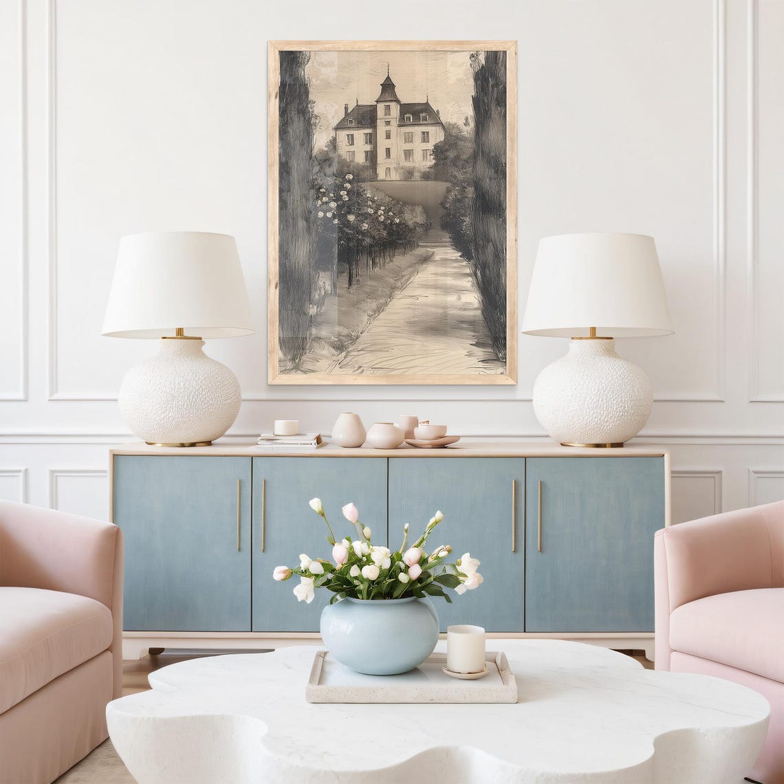 French Chateau Garden Path Charcoal Sketch Vintage Landscape Poster - Image 5