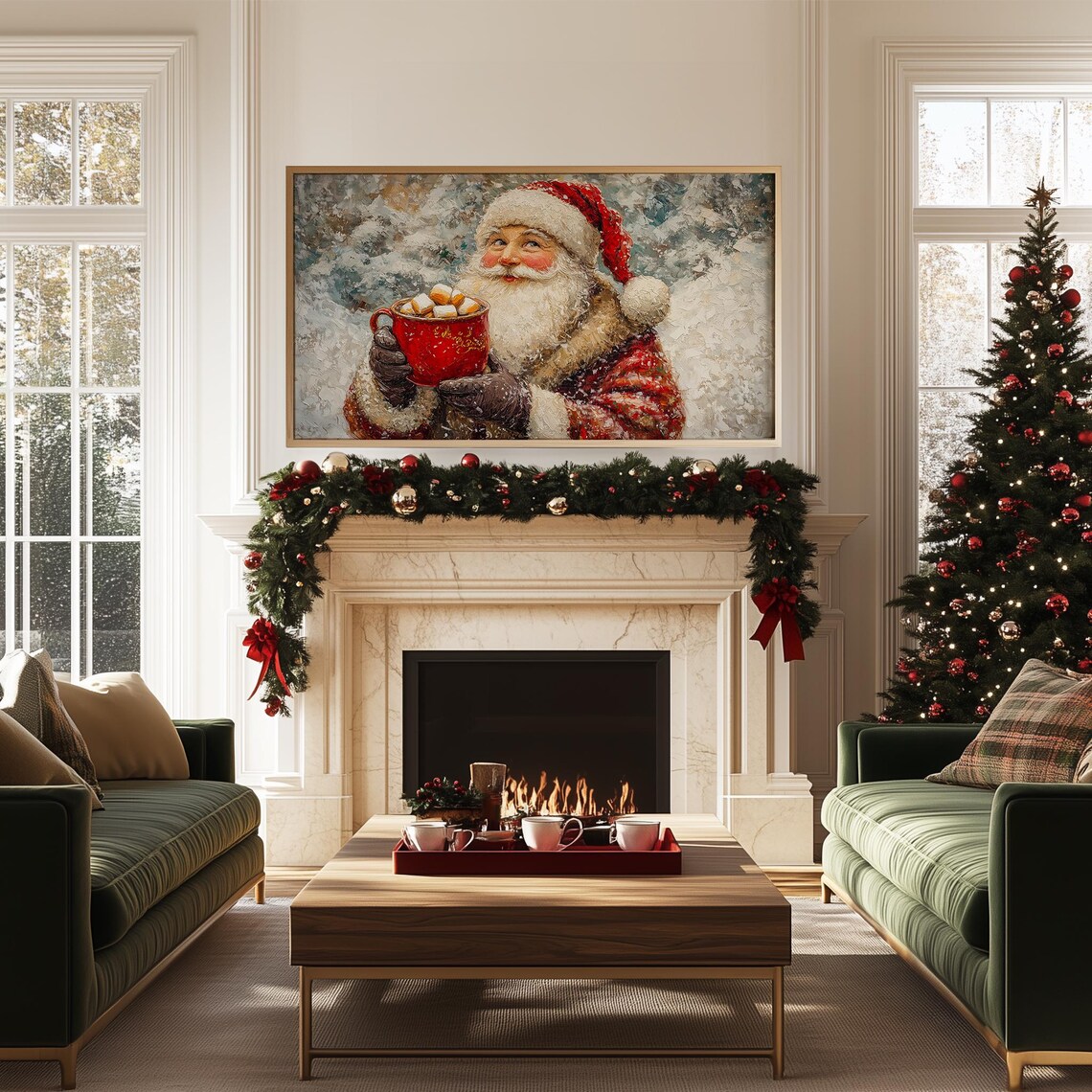 Smiling Santa Holding a Red Mug of Hot Chocolate in the Snow Poster - Image 5