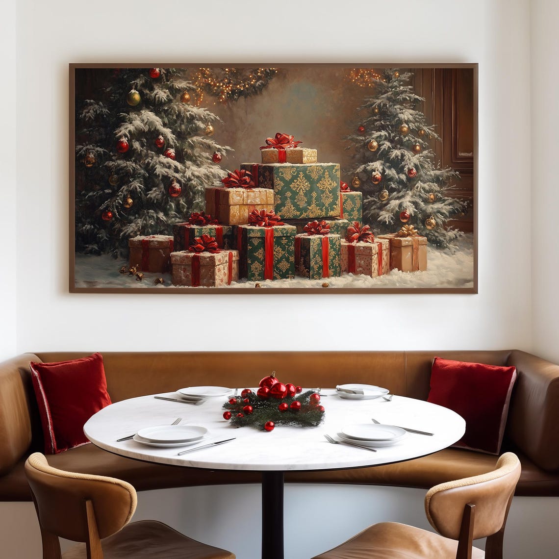 Red And Green Wrapped Christmas Presents Between Snowy Trees Poster - Image 4