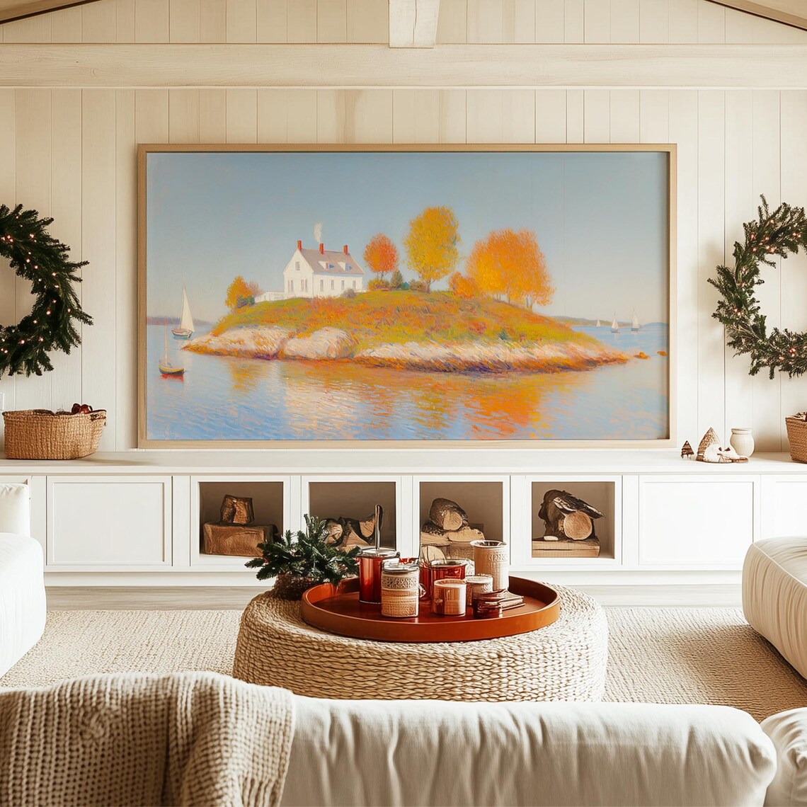 White Cottage Island Autumn Trees Sailboats Coastal Landscape Poster - Image 5