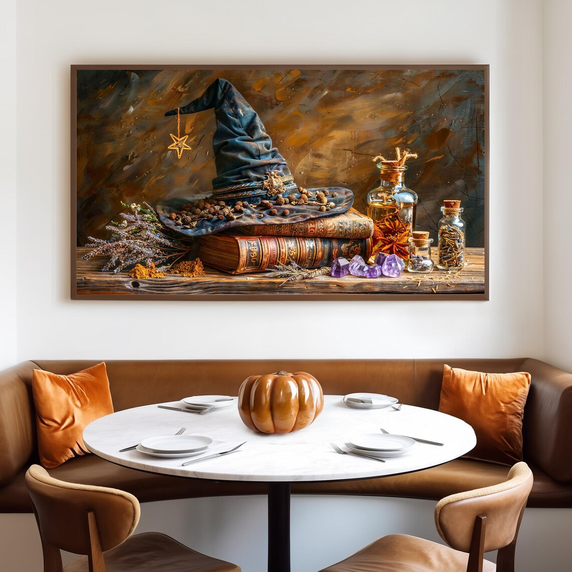 Witch Hat Resting on Spell Books With Potions and Amethyst Crystals Poster - Image 4