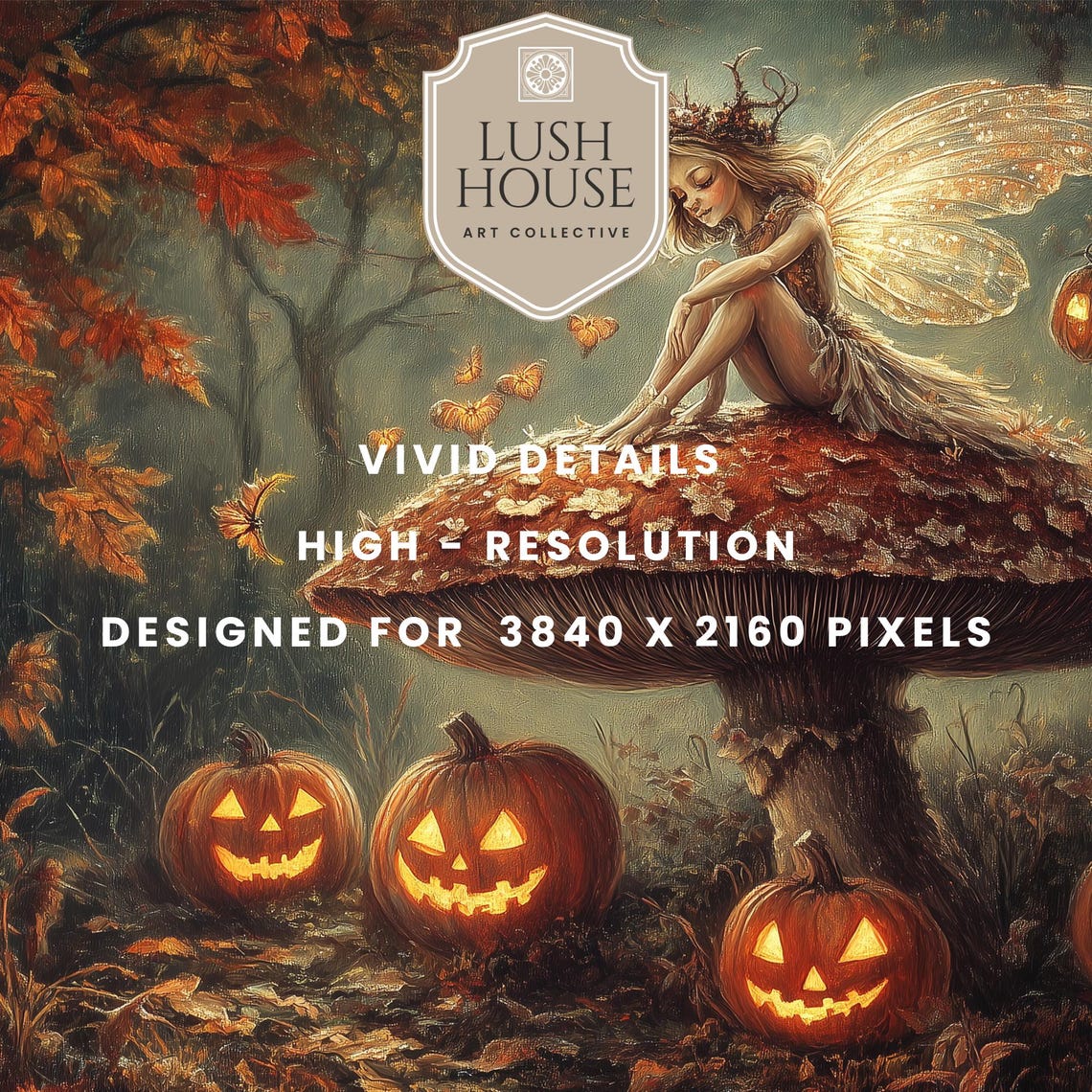 Autumn Fairy on a Red Mushroom Surrounded by Jack O Lanterns Poster - Image 3