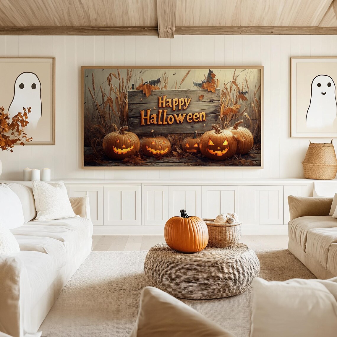 Happy Halloween Wooden Sign With Glowing Jack O Lanterns in Field Poster - Image 5