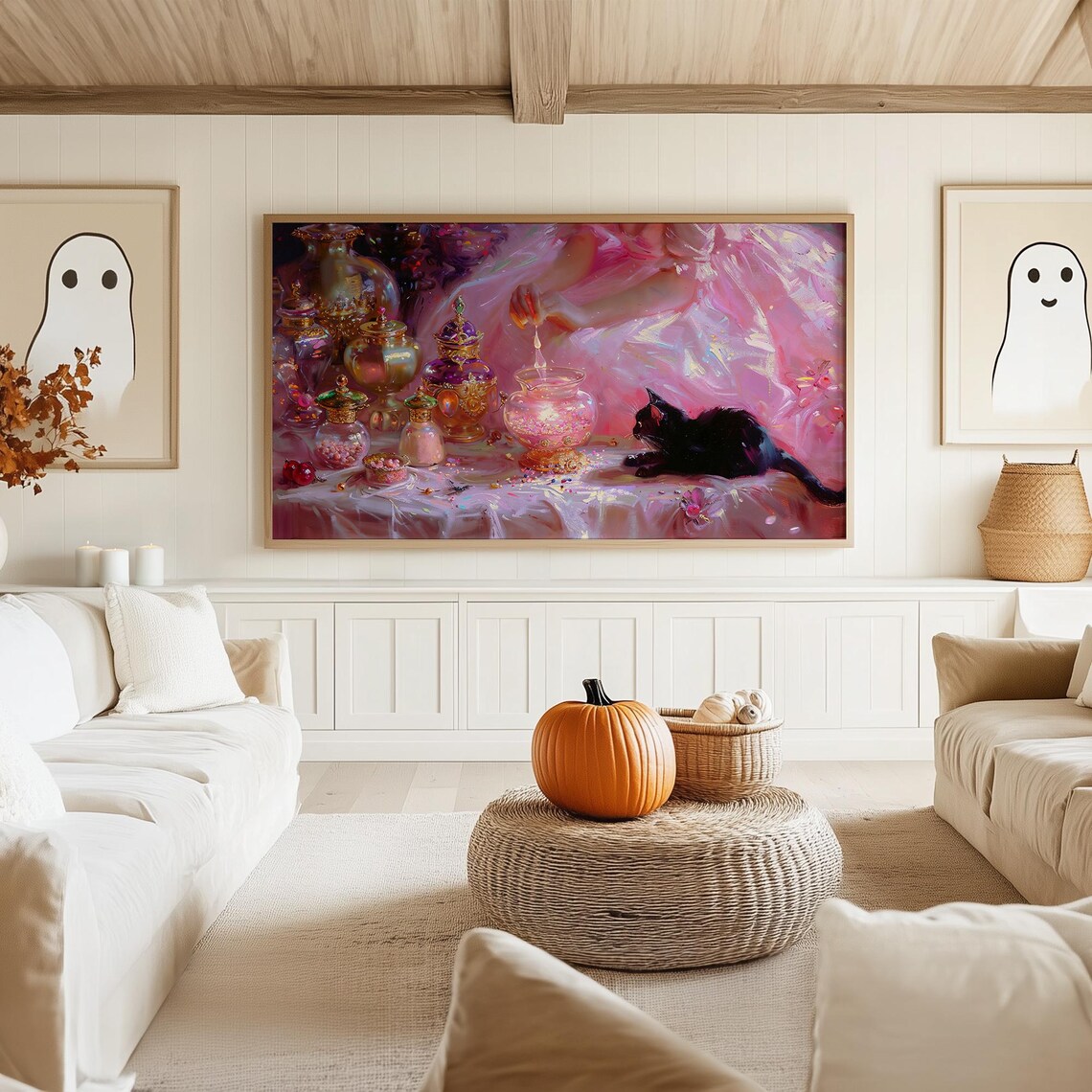 Pink Witch With Black Cat Halloween Art Print - Image 5
