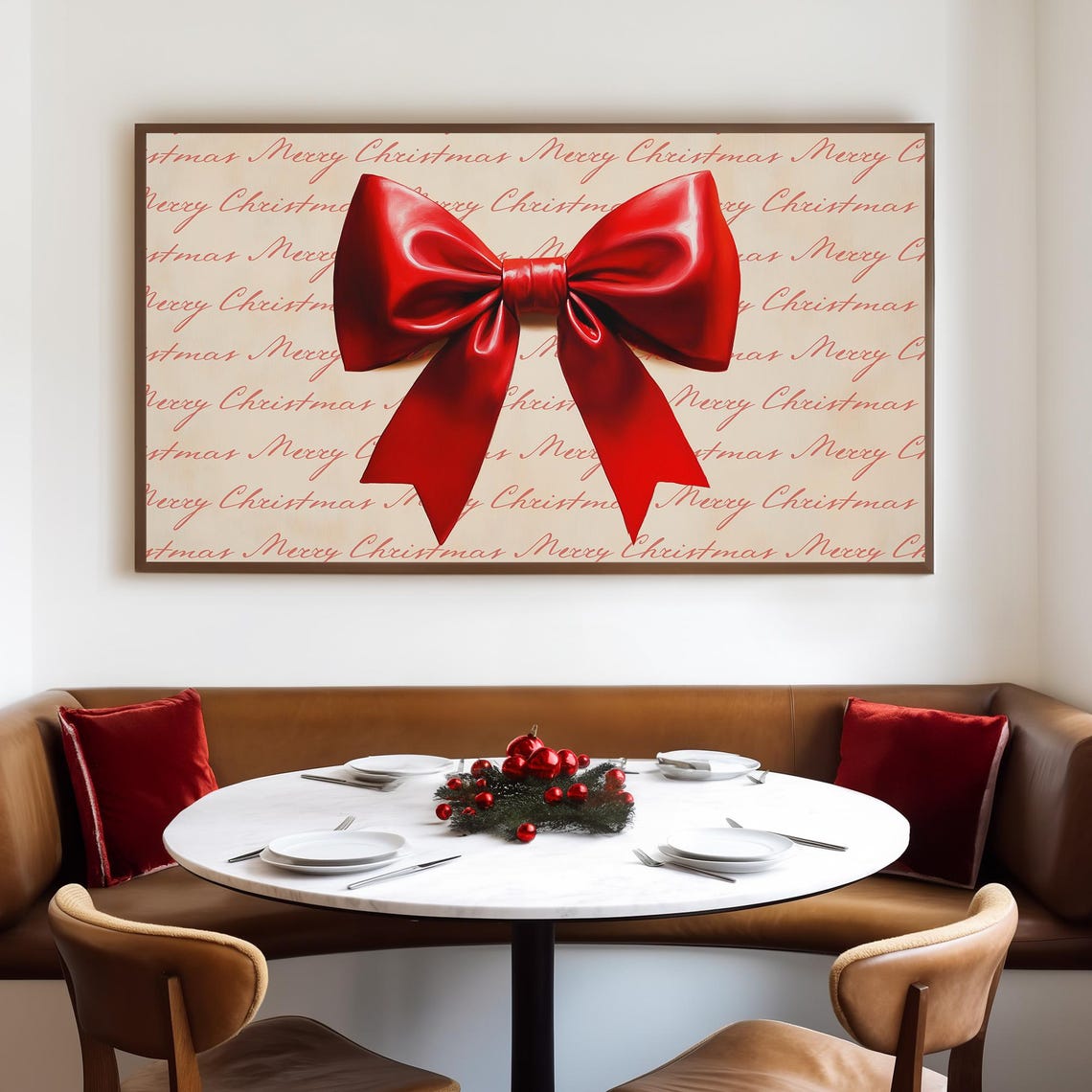 Red Bow on Merry Christmas Script Gift Wrap Pattern Wall Art - Image 4