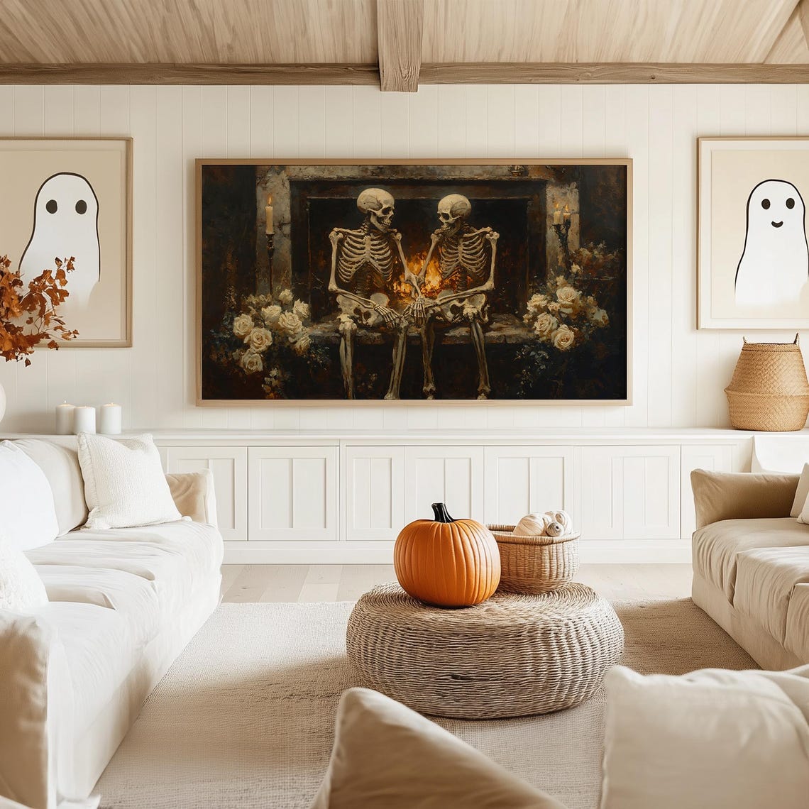 Skeleton Couple by Fireplace with White Roses Dark Academia Poster - Image 5