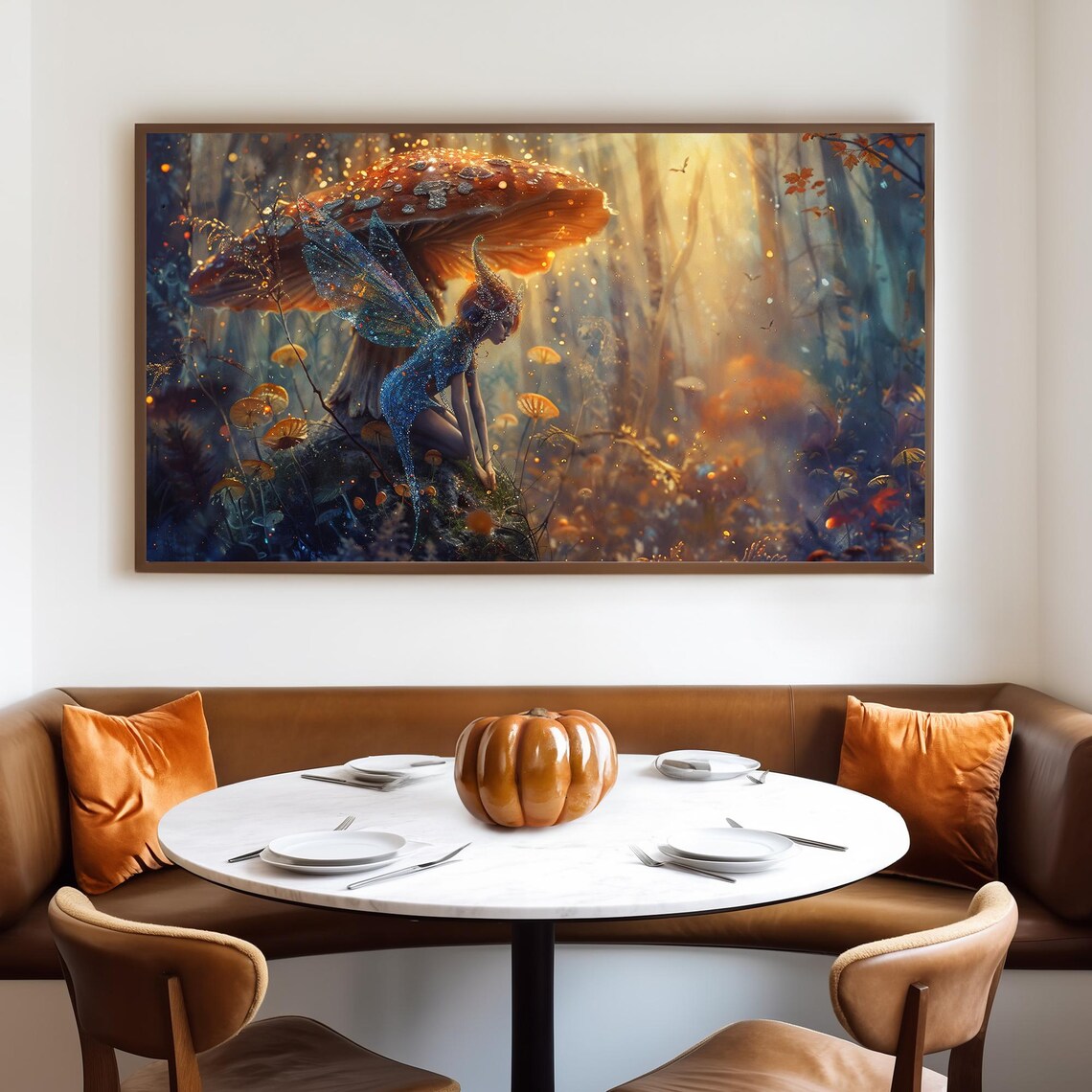 Sparkling Fairy Resting Under Giant Orange Mushroom in Forest Poster - Image 4