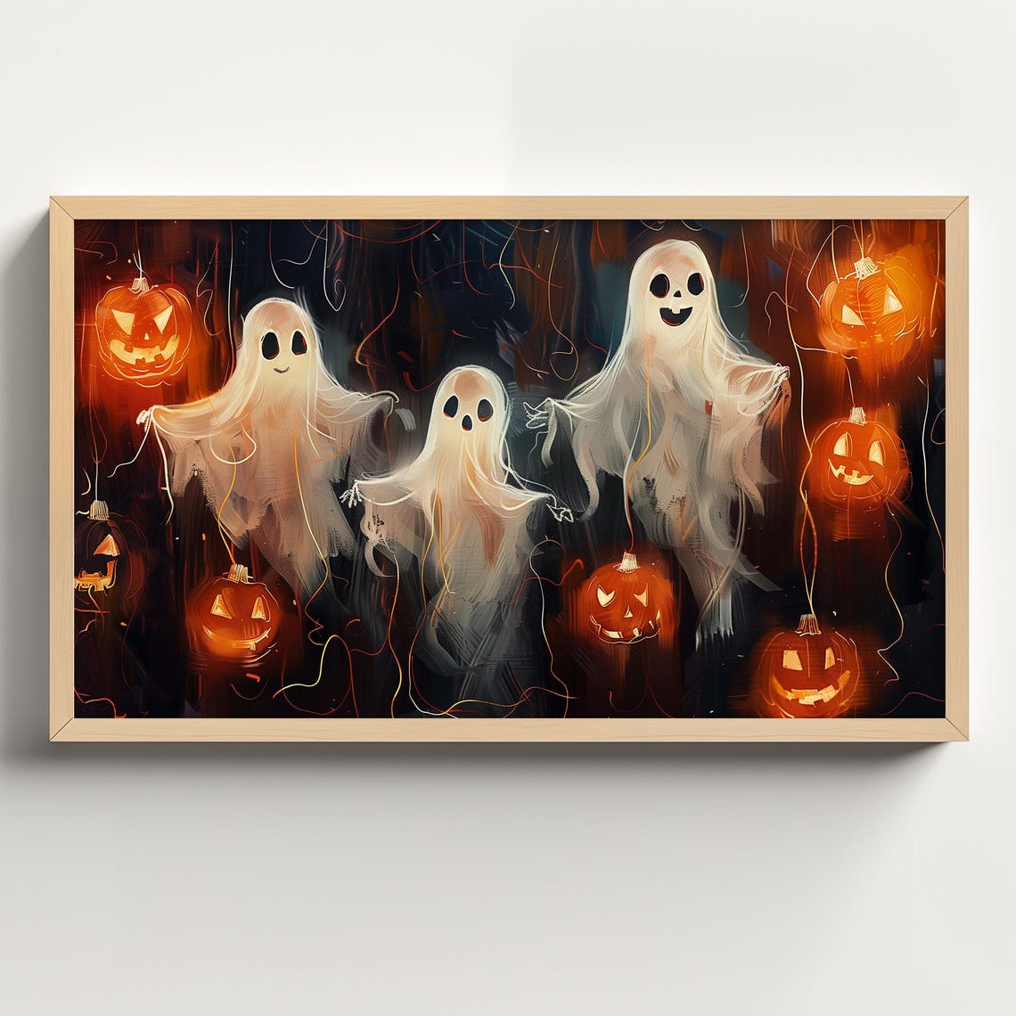 Three Friendly Ghosts Dancing Among Glowing Pumpkin Lanterns Poster