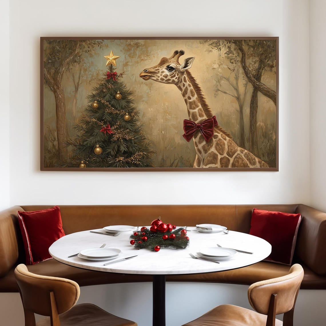 Giraffe Wearing a Red Bow Beside a Decorated Christmas Tree Poster - Image 4
