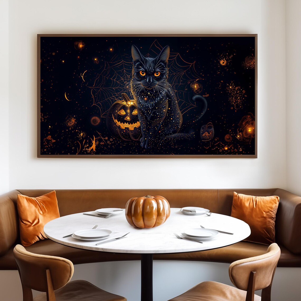 Black Cat With Glowing Jack O Lantern Under Starry Halloween Night Poster - Image 4