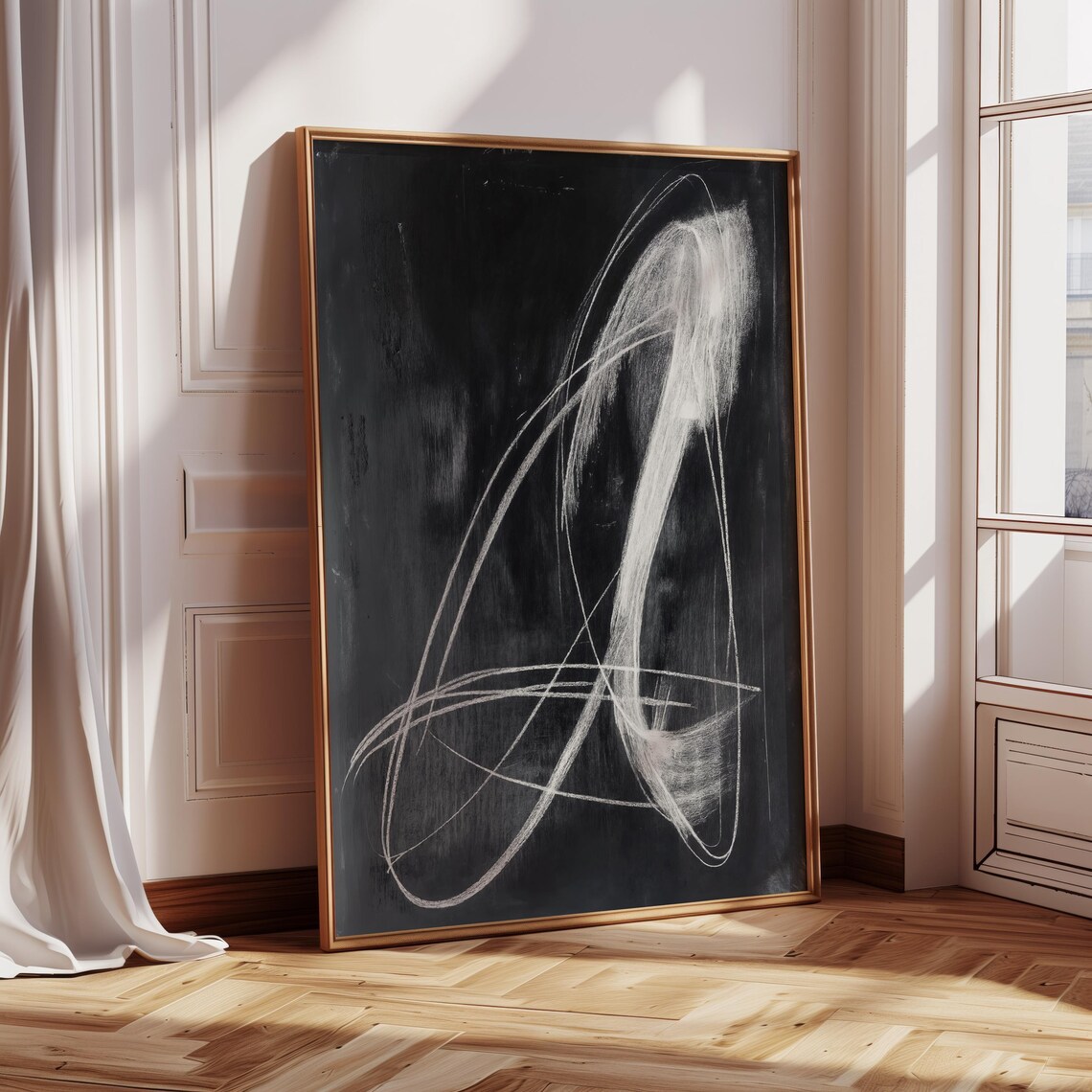 Modern Abstract Line Art Black And White Chalk Sketch Fine Art Monochromatic Print Contemporary Painting Original Minimalist Drawing X84 - Image 5