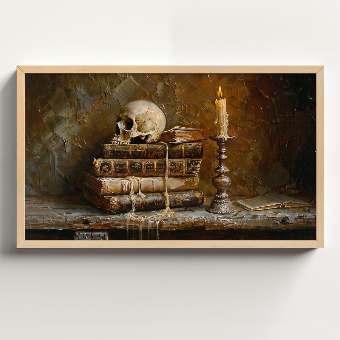 Vintage Halloween Skull on Books Art Print, Dark Academia