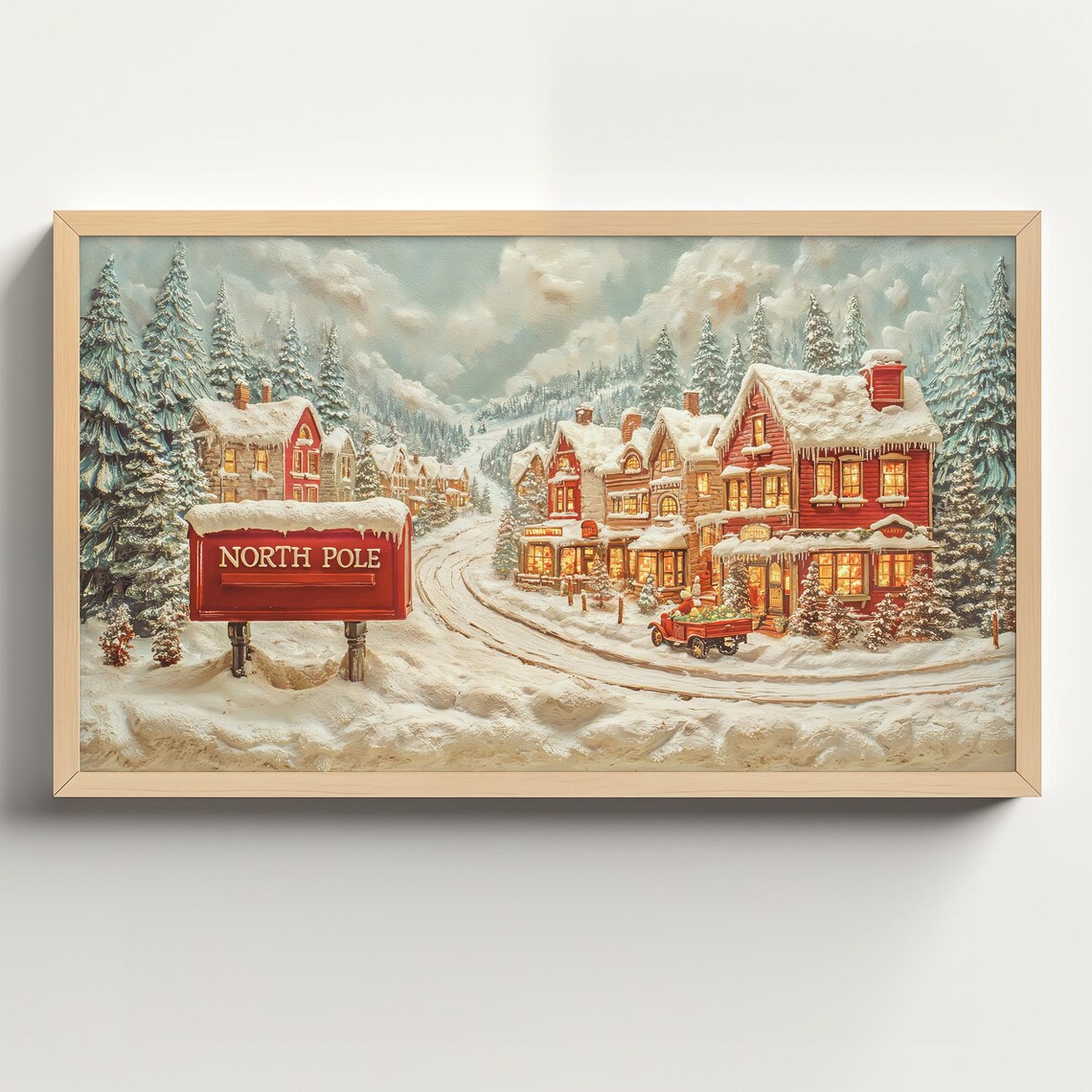 North Pole Winter Village Red Sign Whimsical Christmas Painting Poster