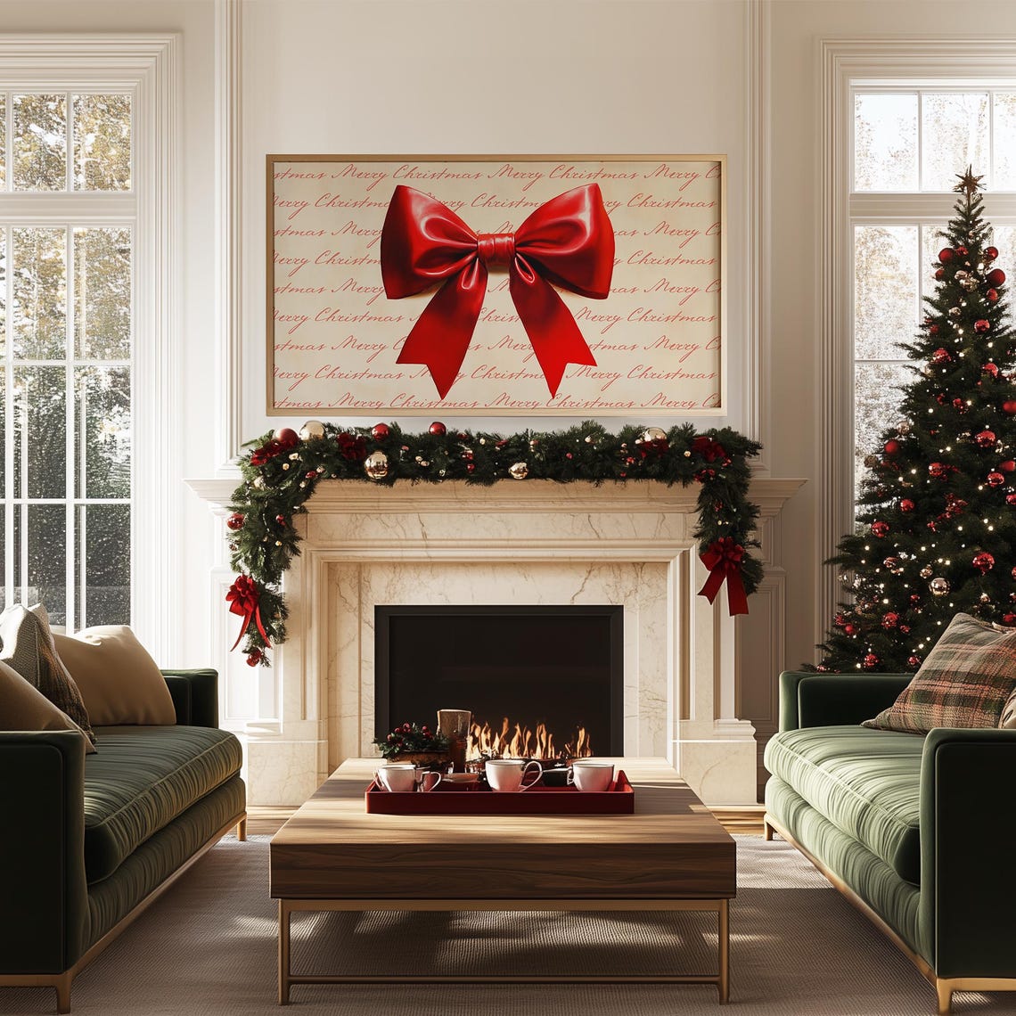 Red Bow on Merry Christmas Script Gift Wrap Pattern Wall Art - Image 5