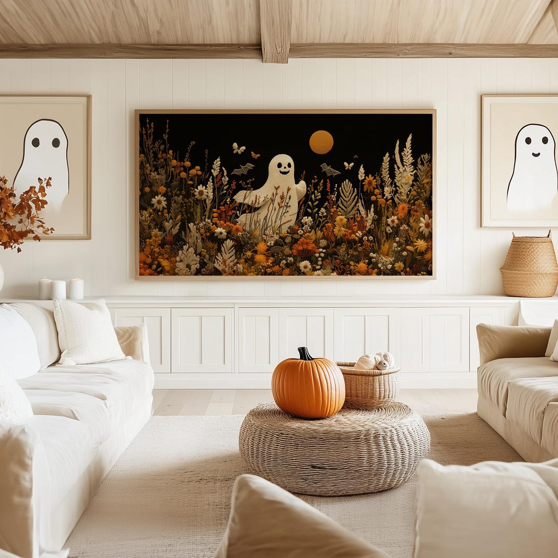 Cute Ghost Among Autumn Wildflowers Under Orange Moonlit Night Poster - Image 5