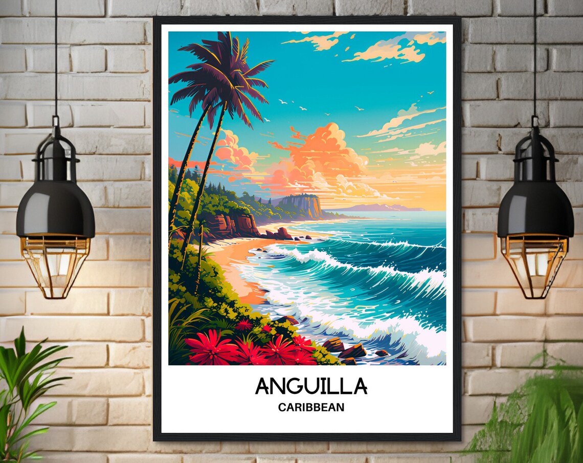 Anguilla Caribbean Beach Palm Trees Ocean Waves Travel Poster - Image 3