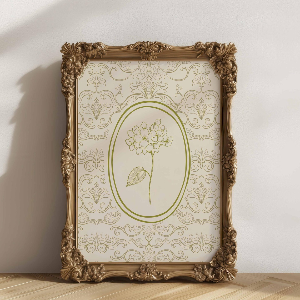Elegant Green Botanical Line Drawing Antique Damask Style Wall Art