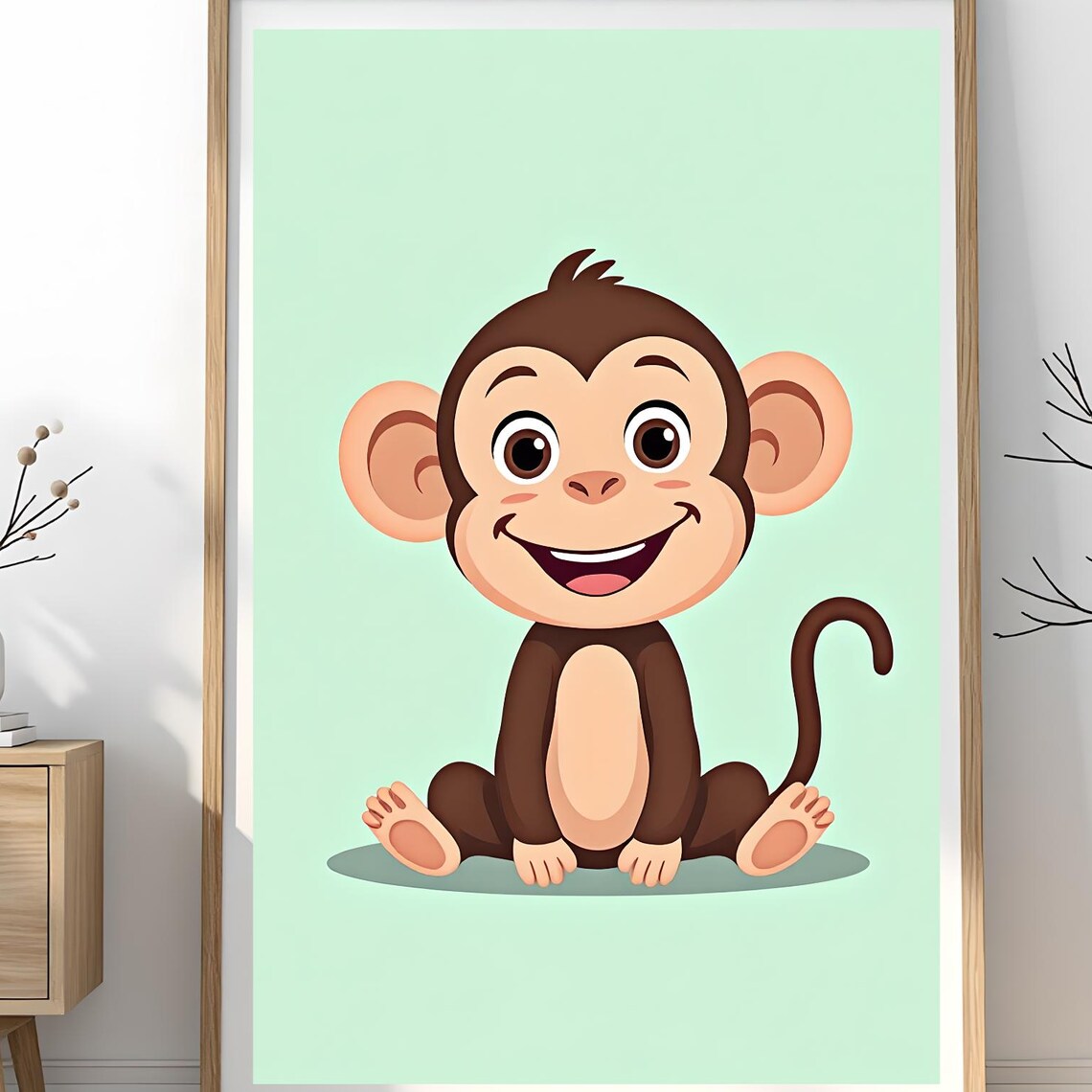 Cute Baby Monkey Cartoon Poster on Soft Mint Green Nursery Background