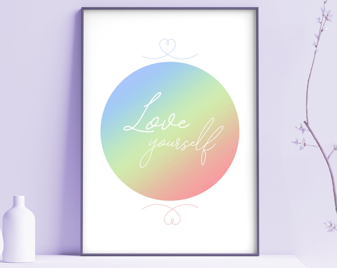Love Yourself White Script Rainbow Gradient Circle Typography Wall Art