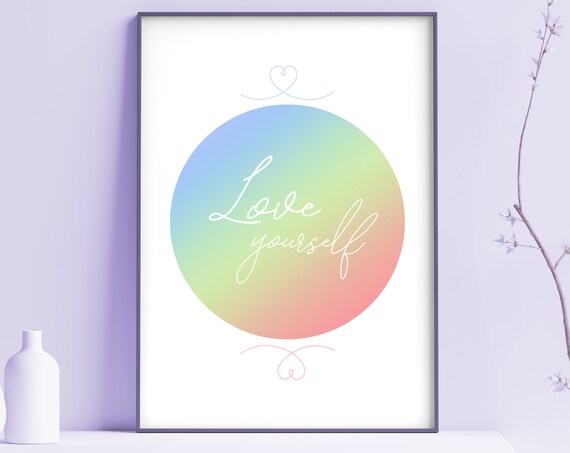 Love Yourself White Script Rainbow Gradient Circle Typography Wall Art
