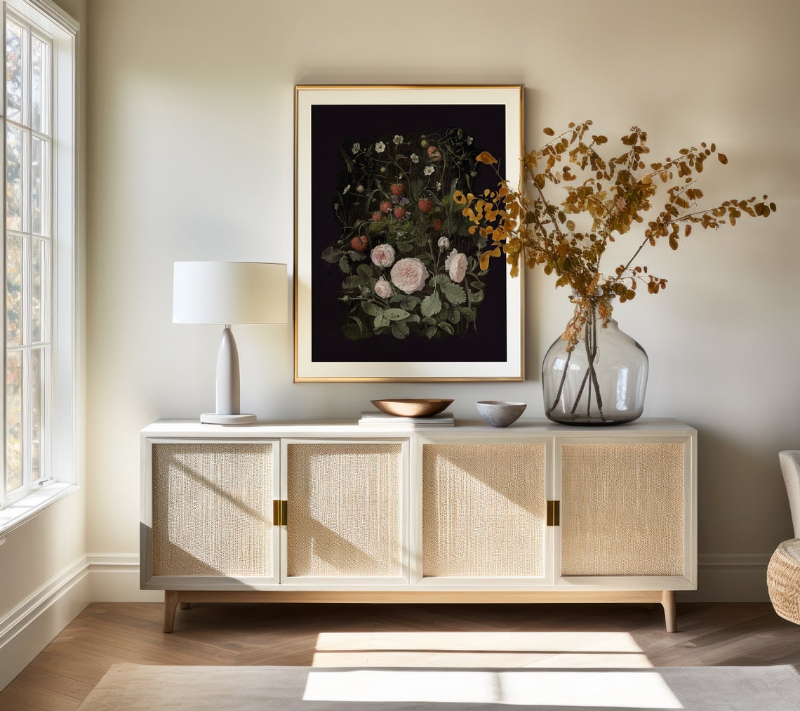 Dark Botanical Roses and Strawberries on Black Moody Art Print - Image 3