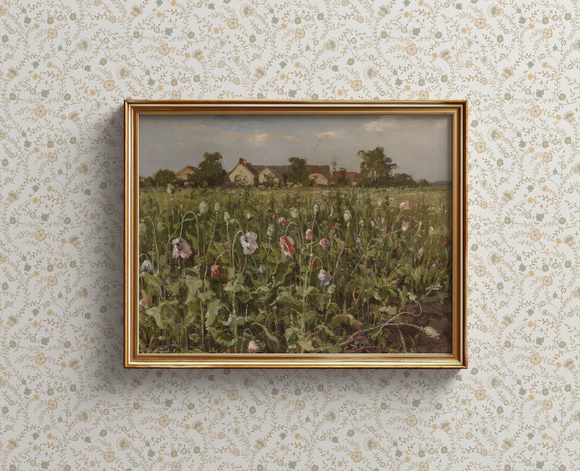 Vintage Poppy Field Countryside Farmhouse Oil Painting Print - Image 3