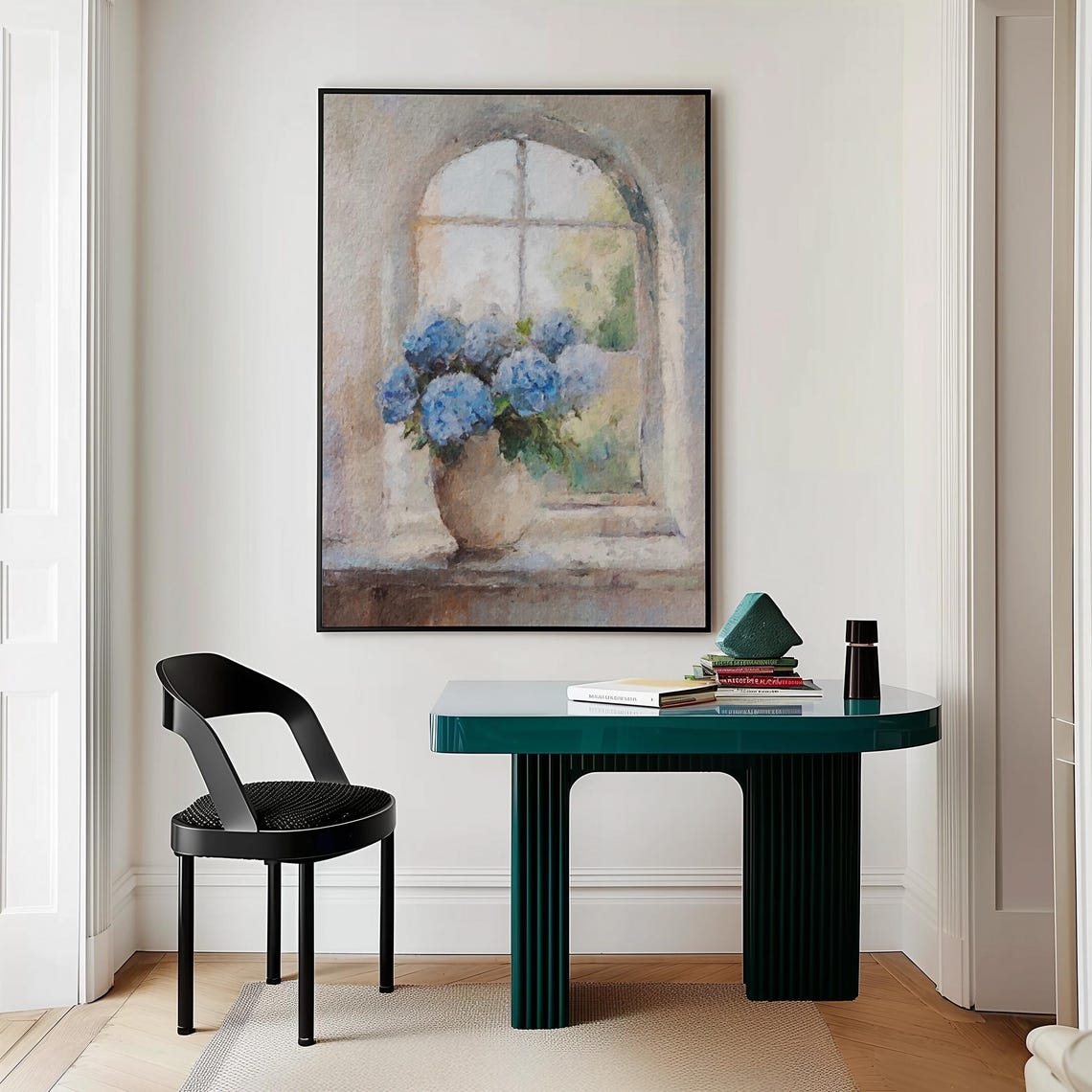 Blue Hydrangea Beige Vase Window Sill Watercolor Still Life Poster - Image 5