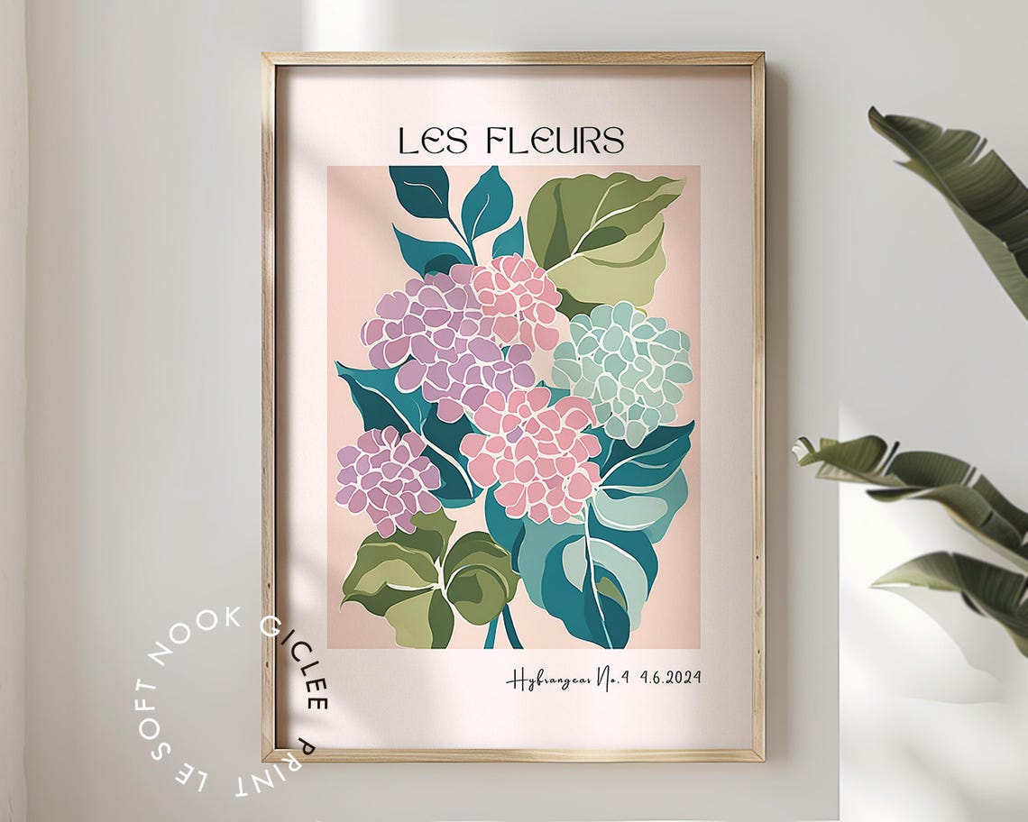 Pastel Hydrangeas Les Fleurs Botanical Illustration Flower Poster