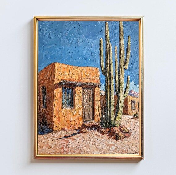 Desert Adobe House Saguaro Cactus Southwestern Oil Painting Poster