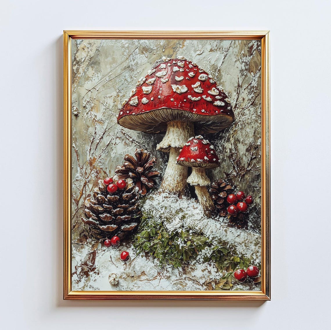 Red Fly Agaric Mushrooms Snow Pinecones Botanical Winter Poster