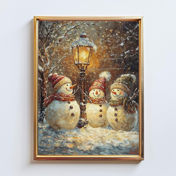 Snowmen By Glowing Lantern Winter Night Christmas Snow Scene Poster