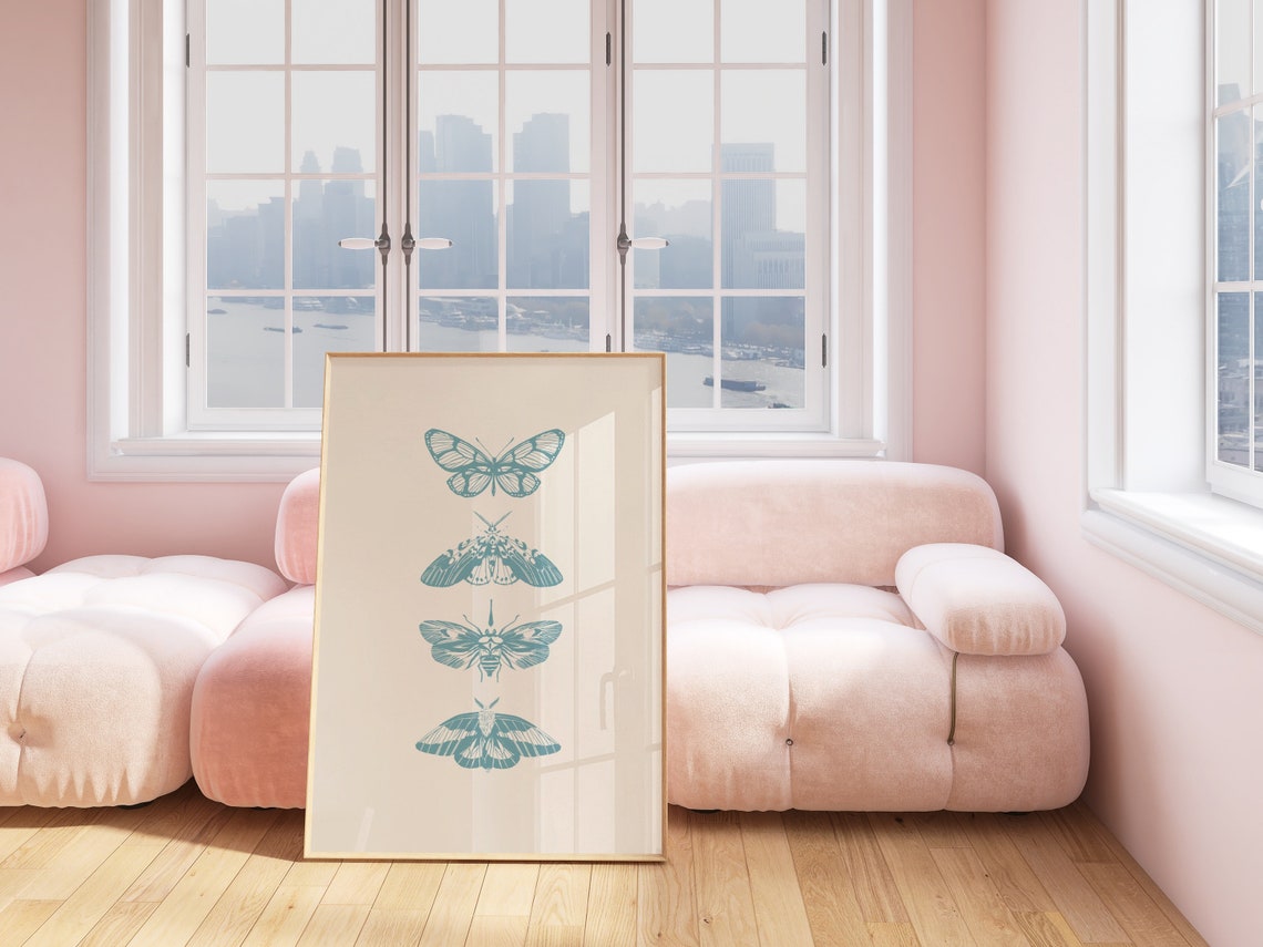 Blue Butterfly Stack Pastel Moth Line Art Cute Nursery Poster - Image 2