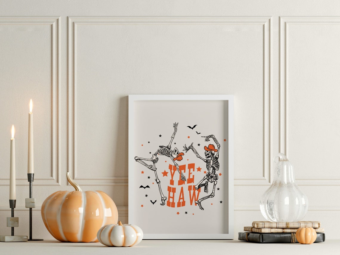 Yee Haw Dancing Cowboy Skeletons Western Halloween Art Poster - Image 3