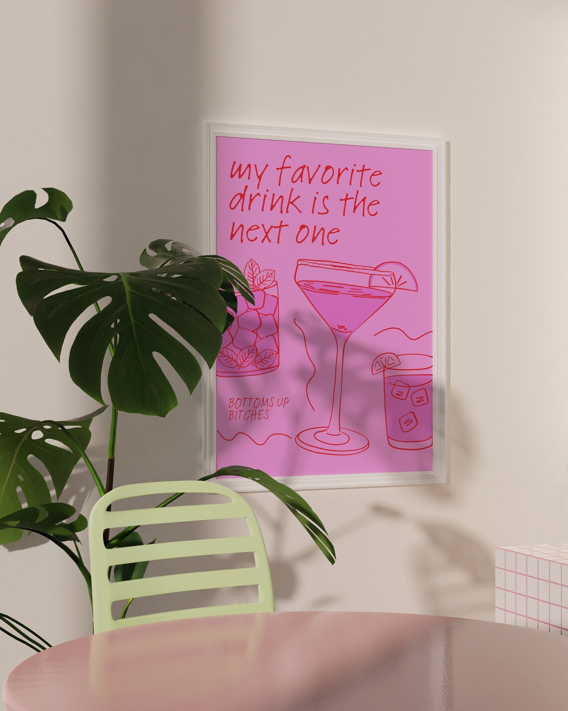 Hot Pink Bar Cart Funny Alcohol Quote Art Print - Image 2