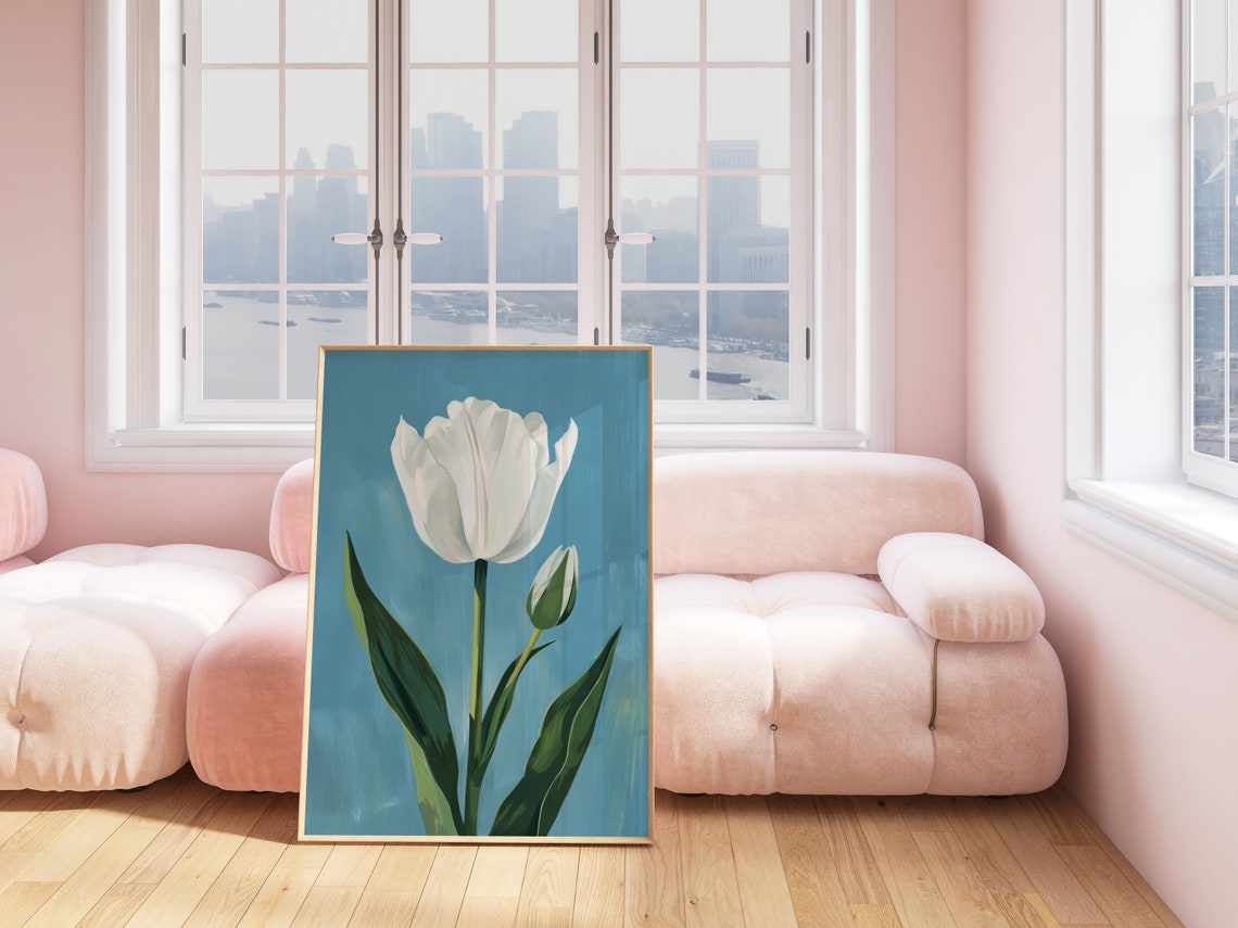 White Tulip Blue Background Elegant Minimalist Floral Bloom Poster - Image 3
