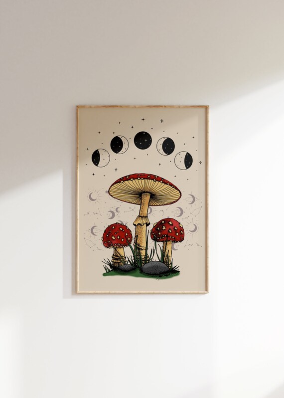 Fly Agaric Mushroom Moon Phase Witchy Cottagecore Art Poster