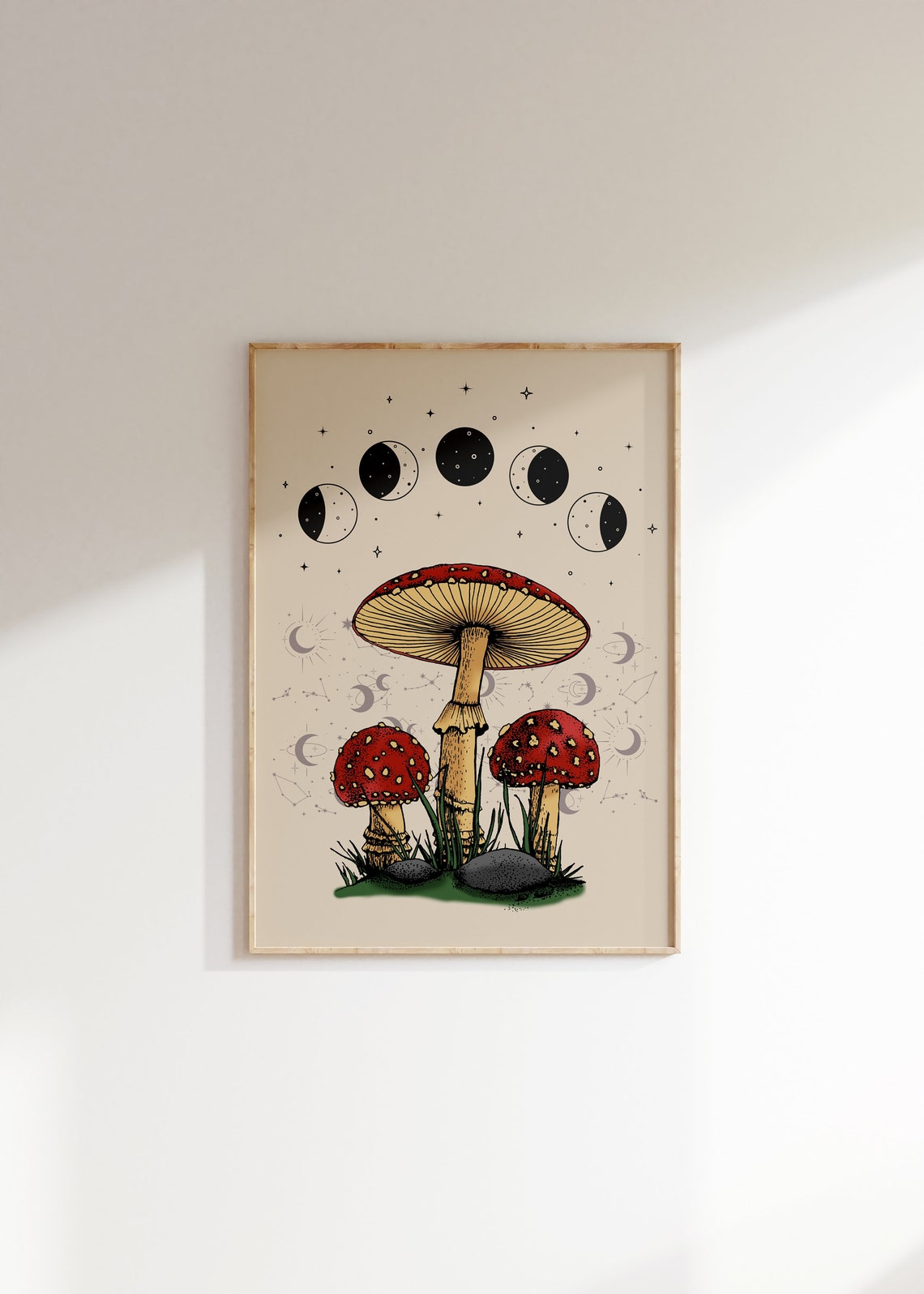 Fly Agaric Mushroom Moon Phase Witchy Cottagecore Art Poster