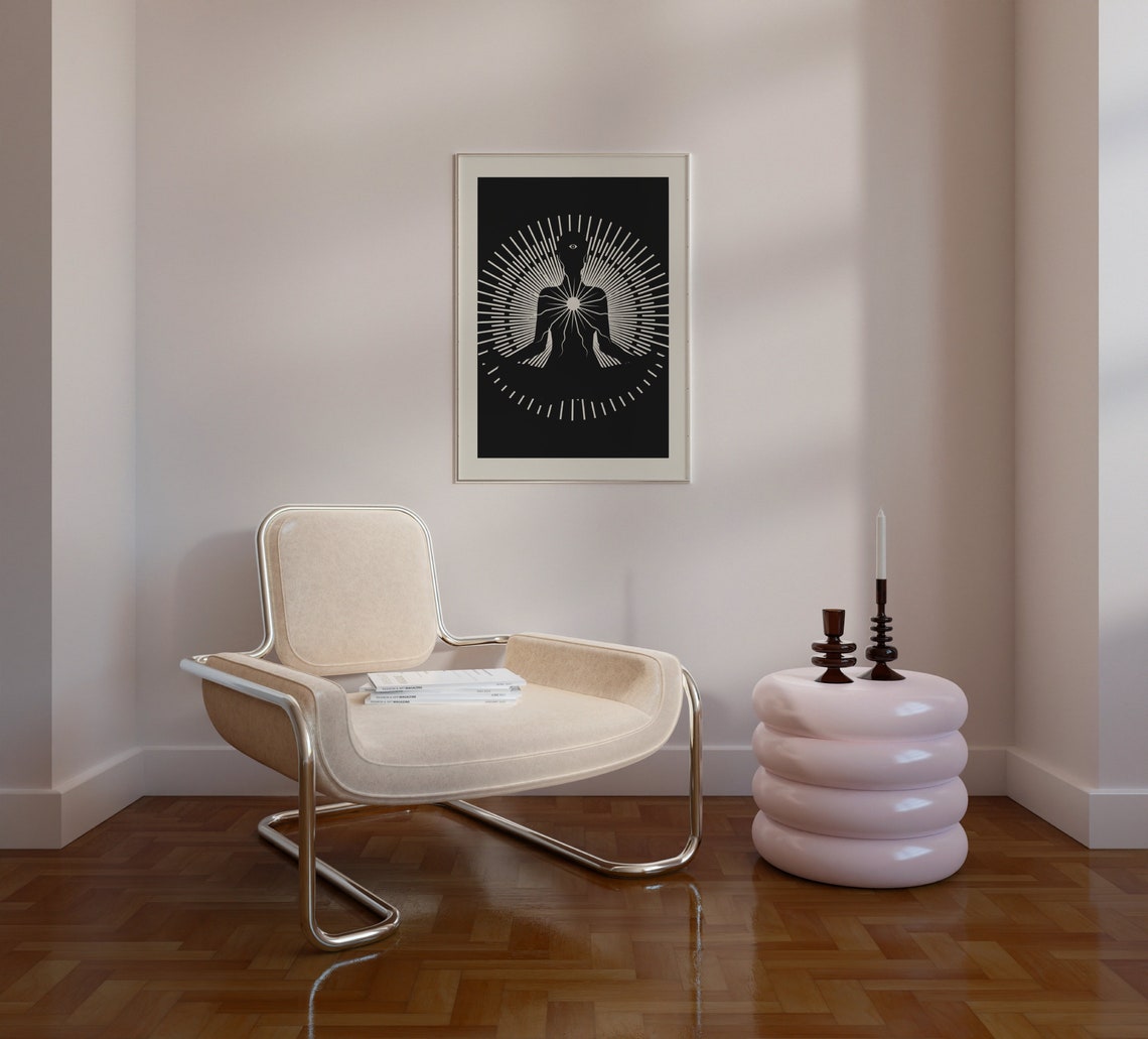 Spiritual Meditation Silhouette Sunburst Black White Art Poster - Image 3