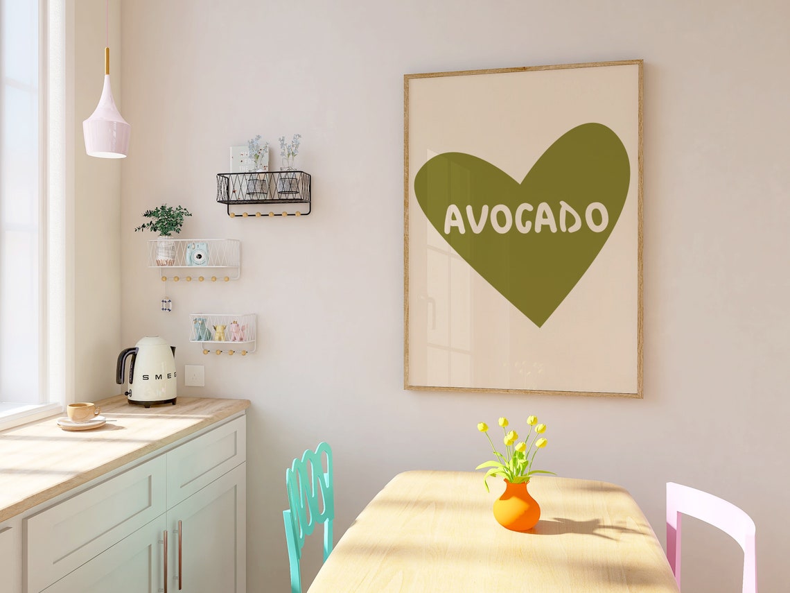 Avocado Green Heart Minimalist Retro Kitchen Food Wall Poster - Image 3