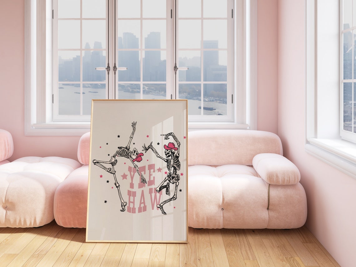 Dancing Skeletons Yee Haw Cowboy Halloween Funny Pink Poster - Image 3
