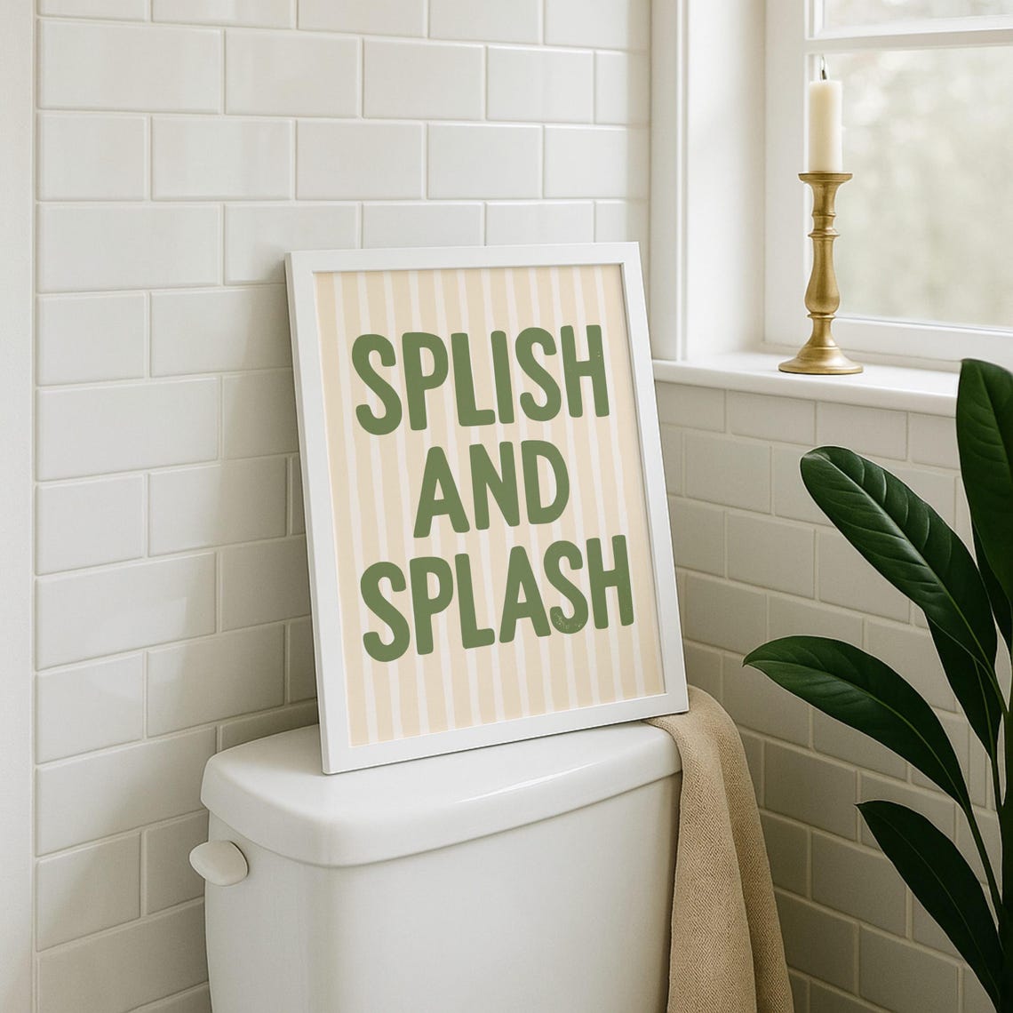 Splish and Splash Sage Green Striped Kids Bathroom Quote Wall Print
