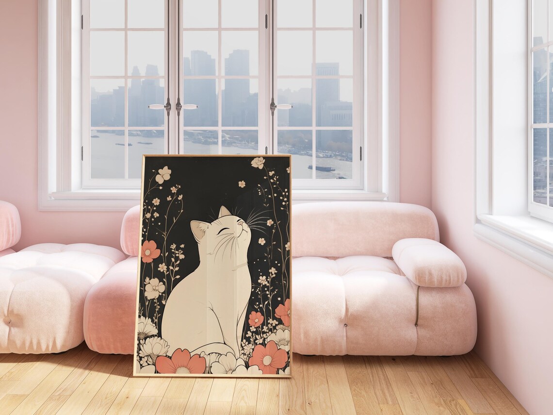 White Cat In Japanese Floral Art Print, Cute Anime - Image 2
